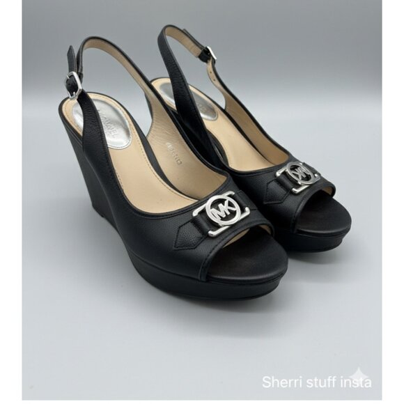 Worn 1X Michael Kors Logo Plate Black Leather Wedge Slingback Heels Size 9.5 - Picture 1 of 14
